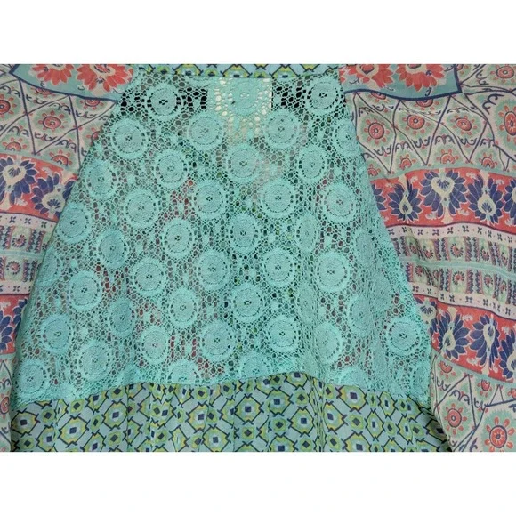 Anthropologie Fig &‎ Flower Boho Peasant Blouse M Aqua/Blue/Coral Lace Back - Picture 3 of 4